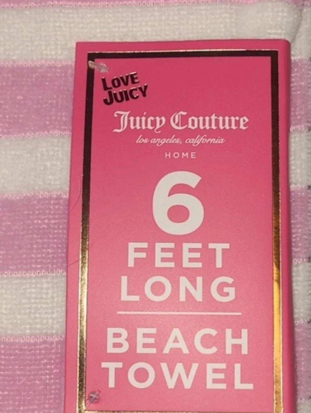 Juicy Couture Pink and White Striped Logo Beach Towel with Black Logo Band